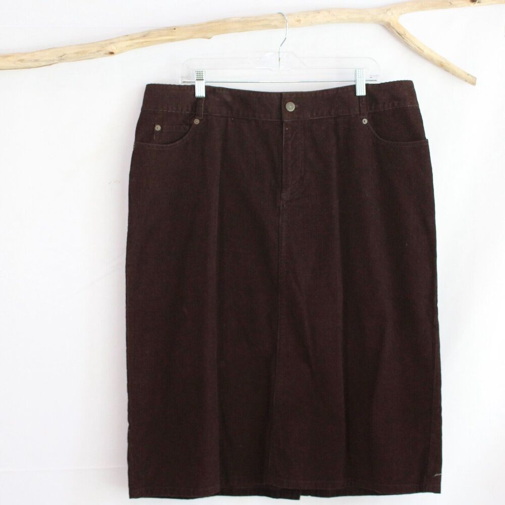 Eddie Bauer Long Midi Modest Brown Corduroy Skirt Plus Size 18 Back Slit Fall